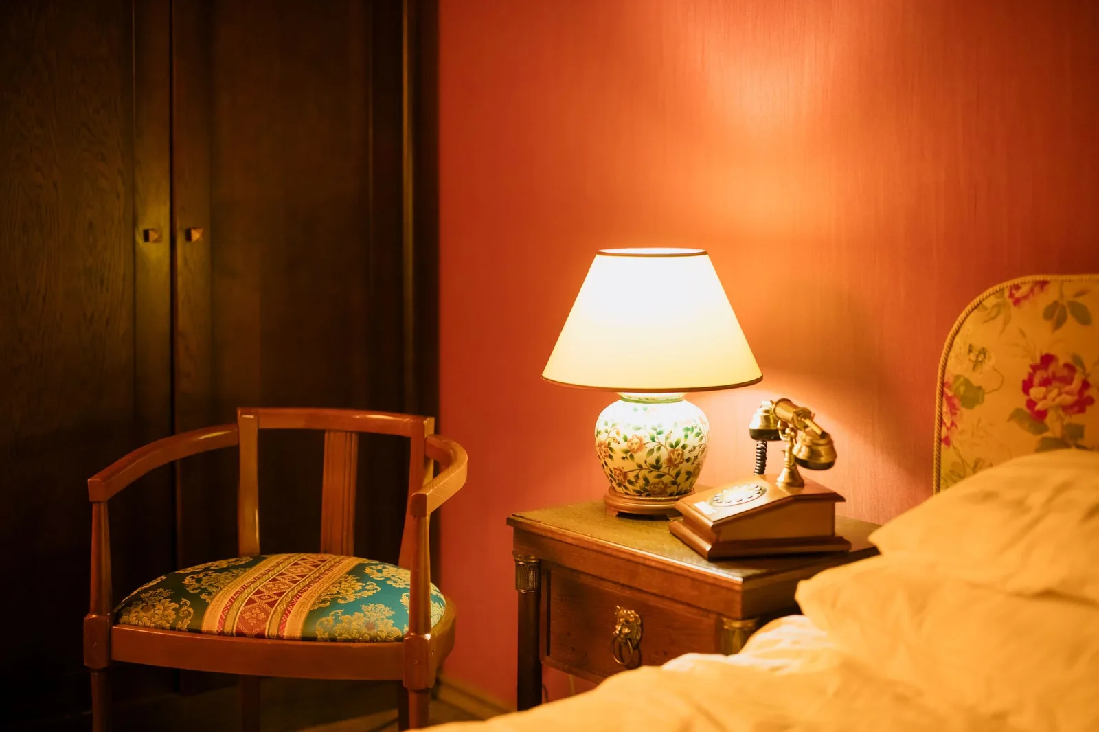 Bedside lamp and wooden chair