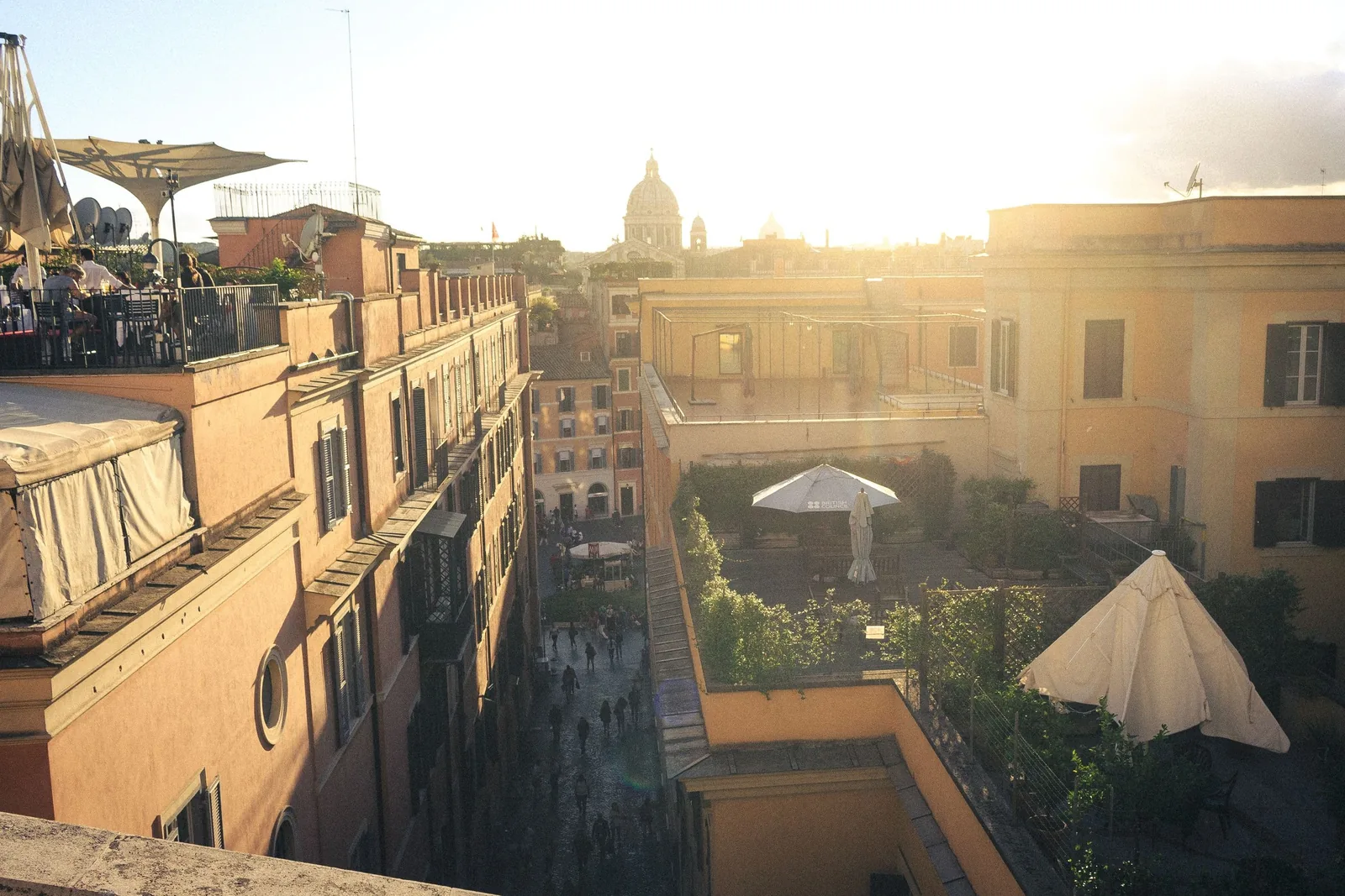 Old town rooftops at sunset